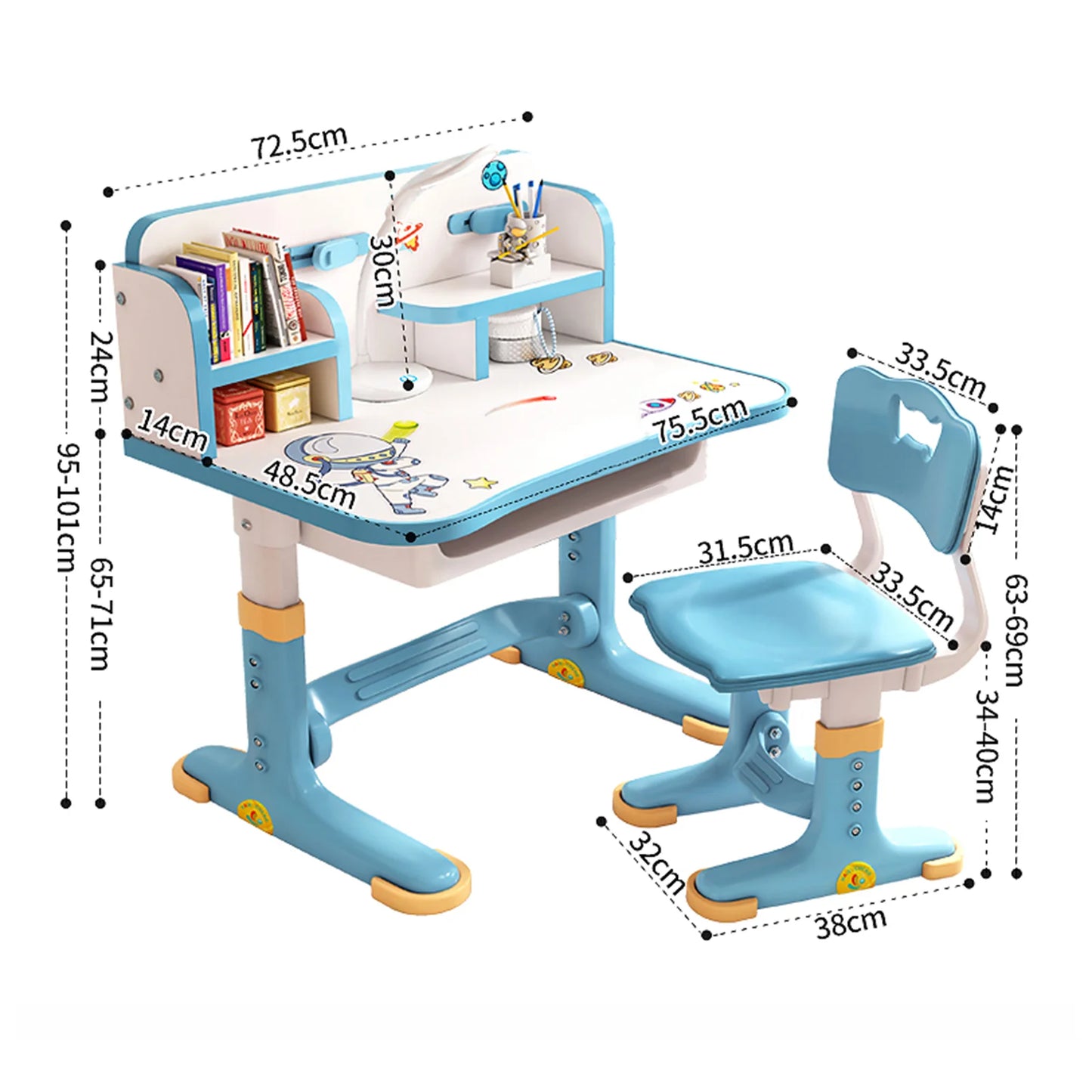 Cartoon Pattern Kids Desk Chair Set With Adjustable Height Drawer