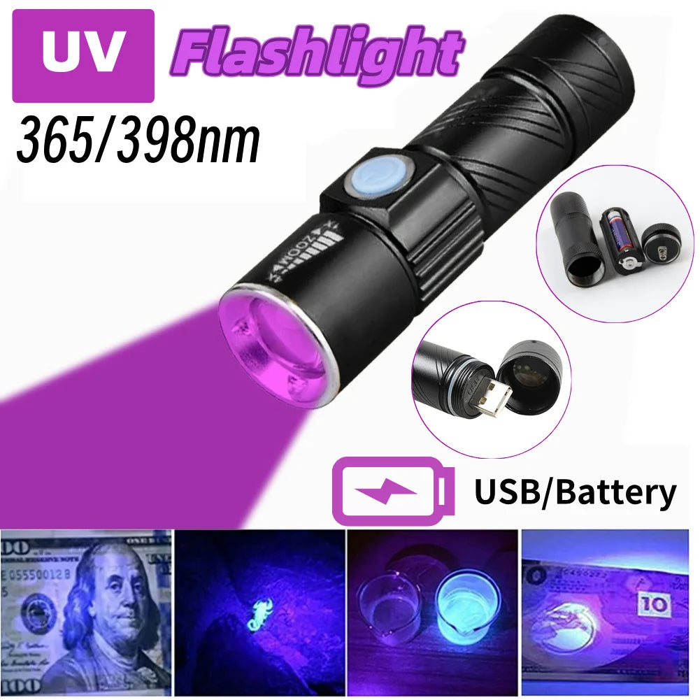 Compact UV Flashlight 365 395nm LED Zoomable Rechargeable