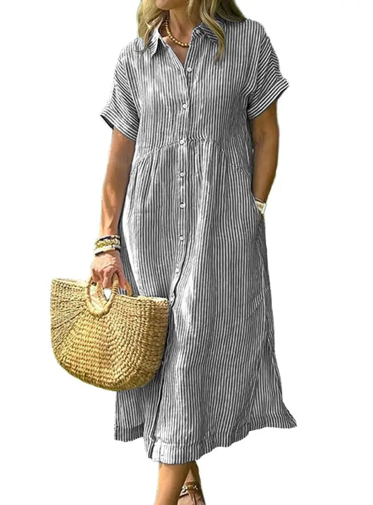 Womens Striped Midi Shirt Dress Loose Button Down Cotton Linen