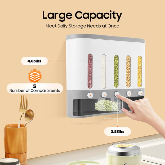 Five Compartment Wall Mount Rice Dispenser for Kitchen Storage