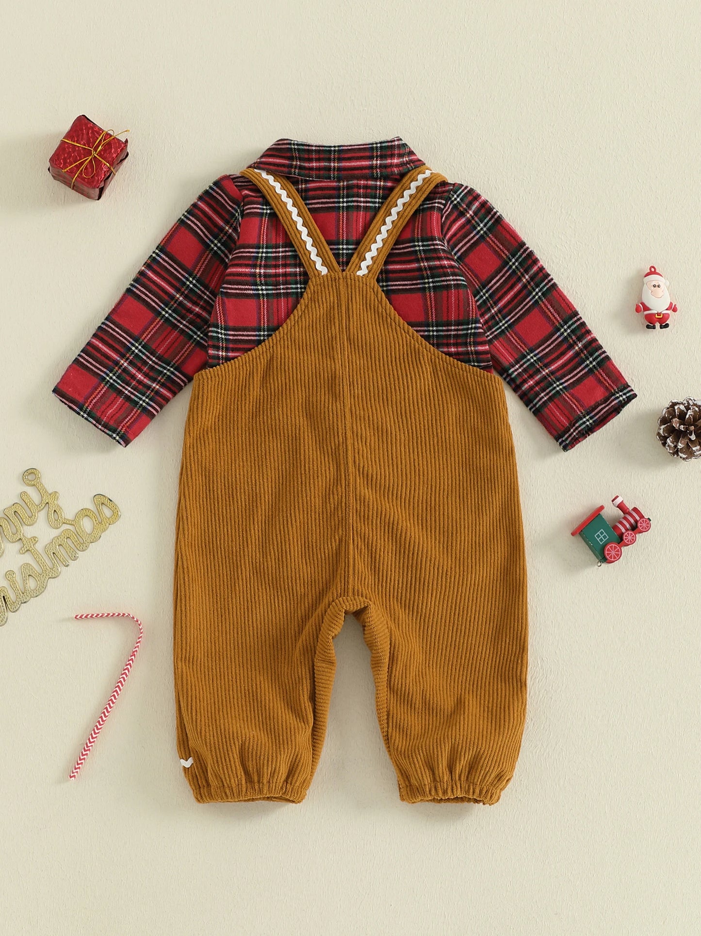 Toddler Boy Red Plaid Reindeer Embroidered Outfit Pants Set