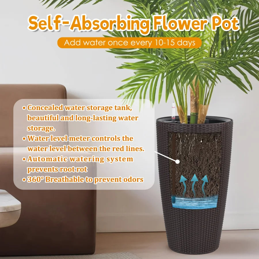 Faux Rattan Tall Planters Set of 2 With Water Monitor