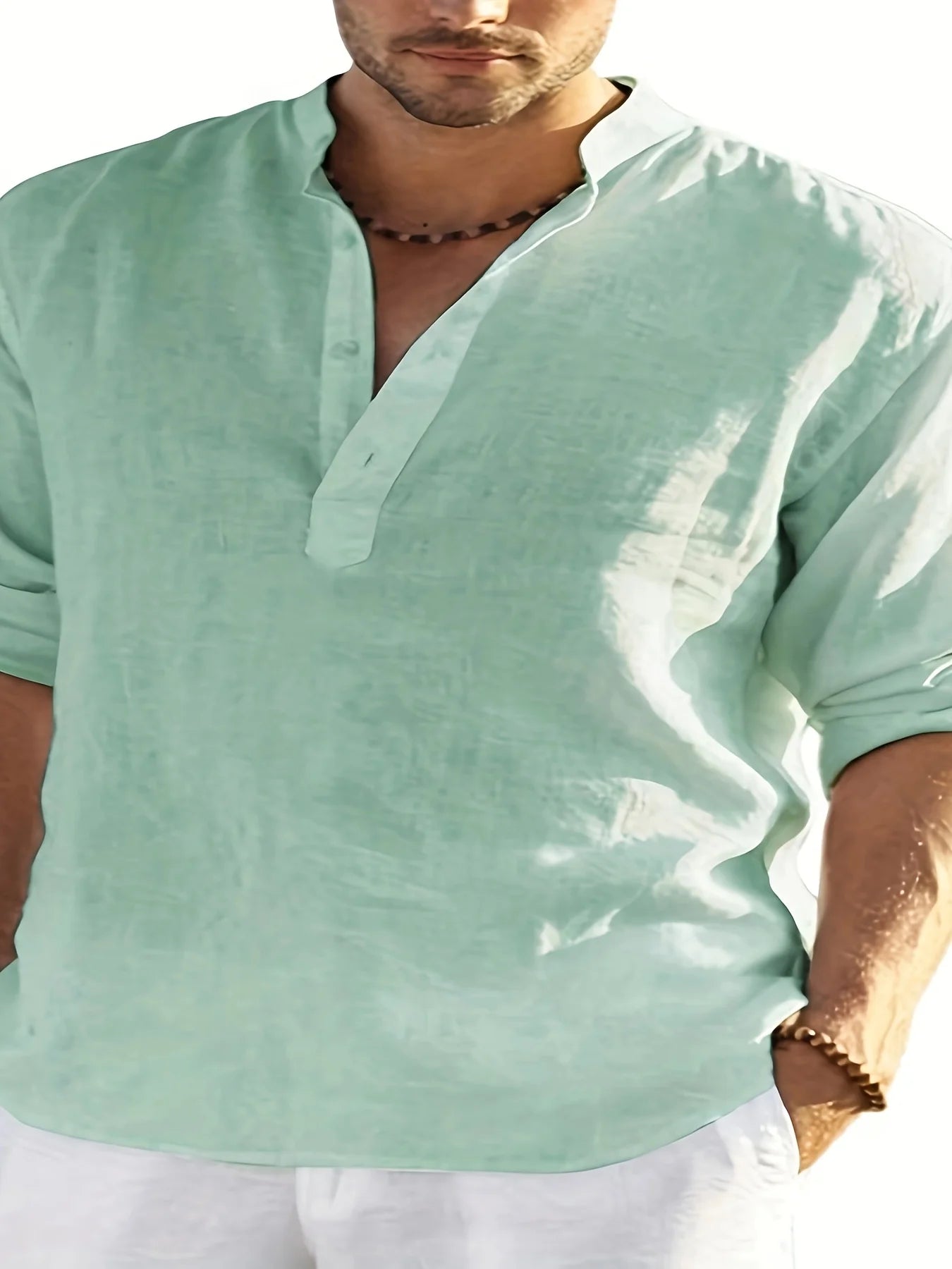 Men's Linen Stand Collar Long Sleeve Shirt