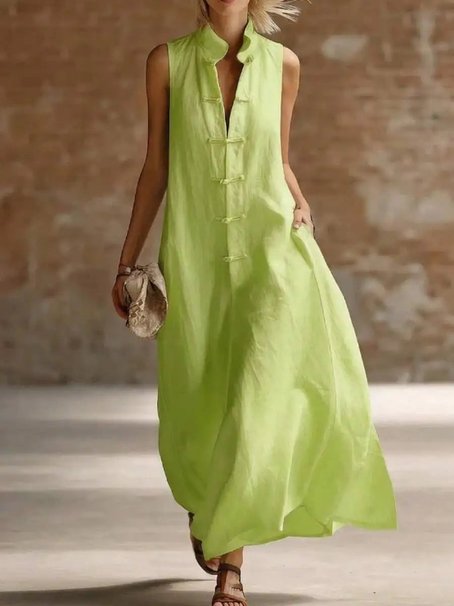 Linen Cotton Stand Collar Frog Button Long Dress For Women