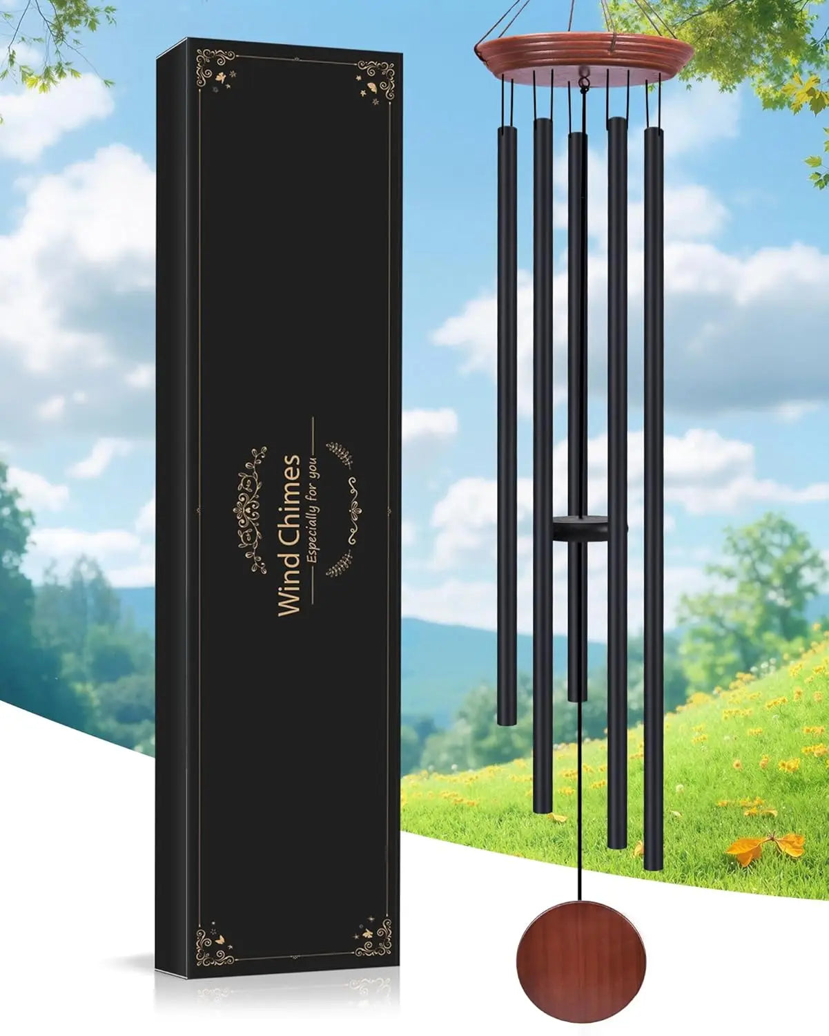 60" Large Memorial Wind Chimes for Outdoor Garden Patio, Deep Tone with 6 Heavy Tubes - Black