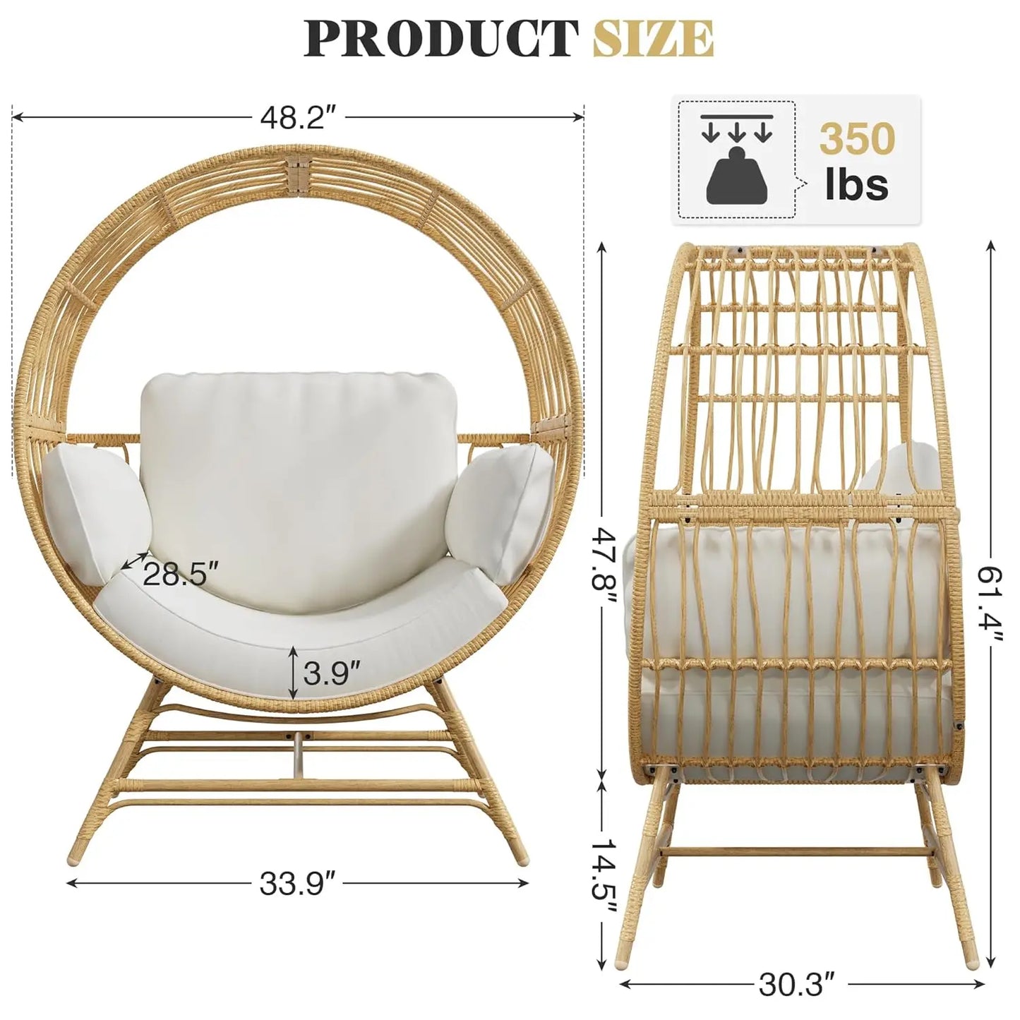 Oversized Egg Chair Indoor Outdoor Rattan Hanging Chair With Cushion 350LBS