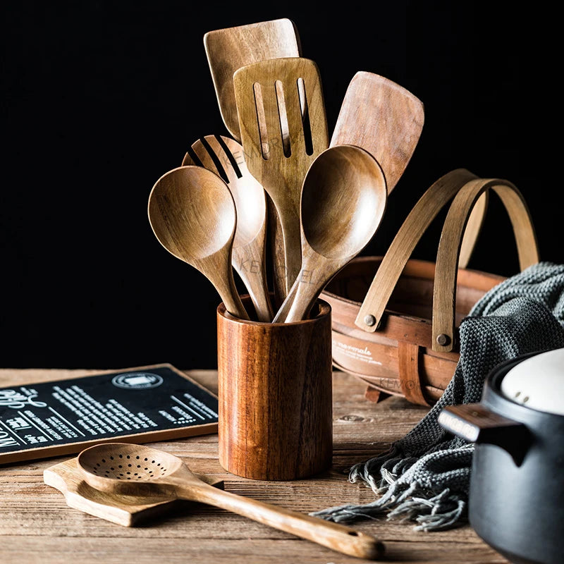 Kemorela 9 Piece Teak Wooden Kitchen Cooking Utensils Set