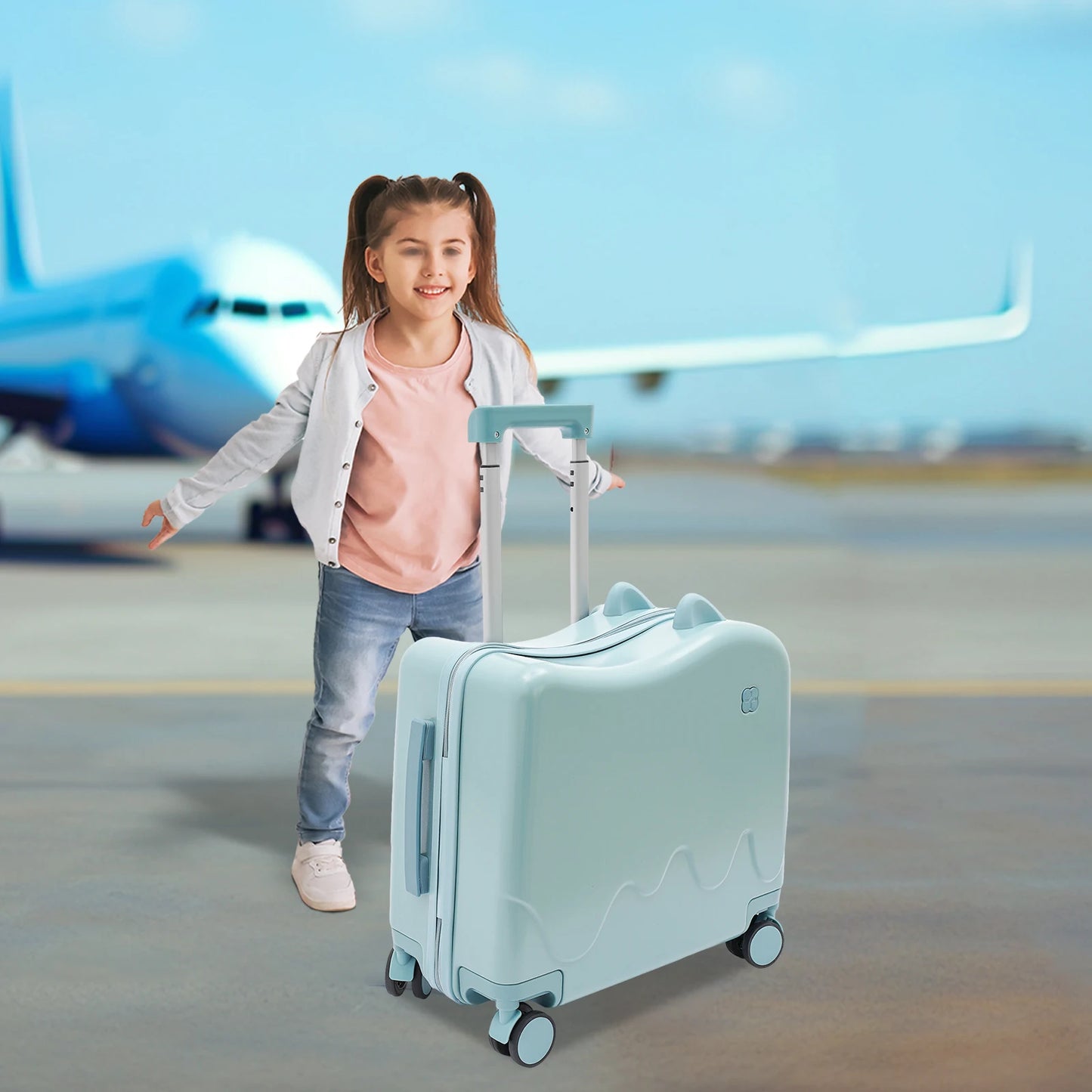 18 Inch Kids Ride On Suitcase Rolling Luggage With Password Lock Portable Cute Scooter Travel Companion