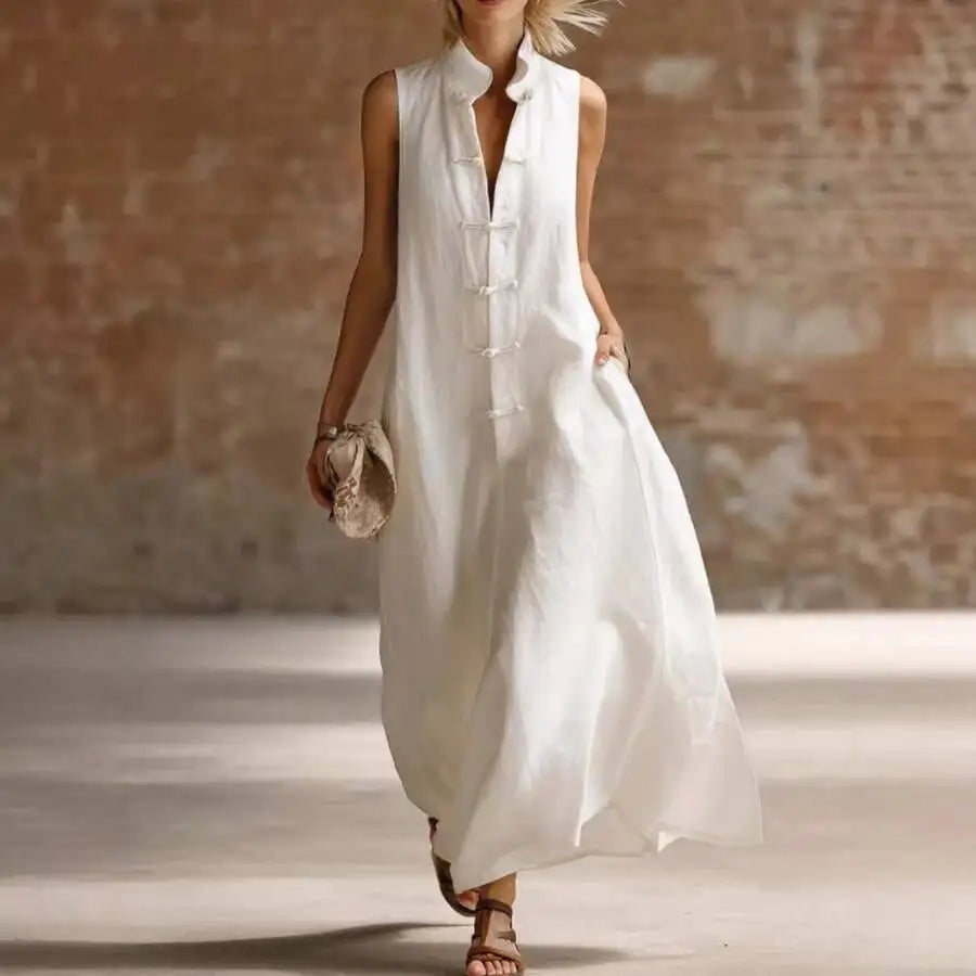 Linen Cotton Stand Collar Frog Button Long Dress For Women