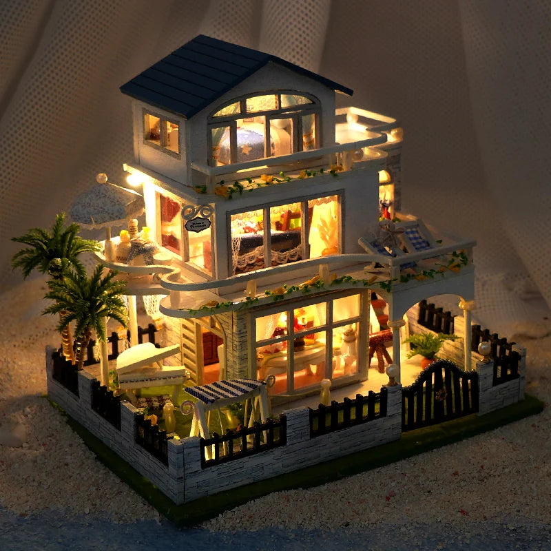 DIY Wooden Mini Seaside Villa Dollhouse Kit With Furniture