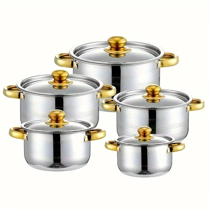 Golden Stainless Steel 5Piece Cookware Set Nonstick Compatible With Stoves