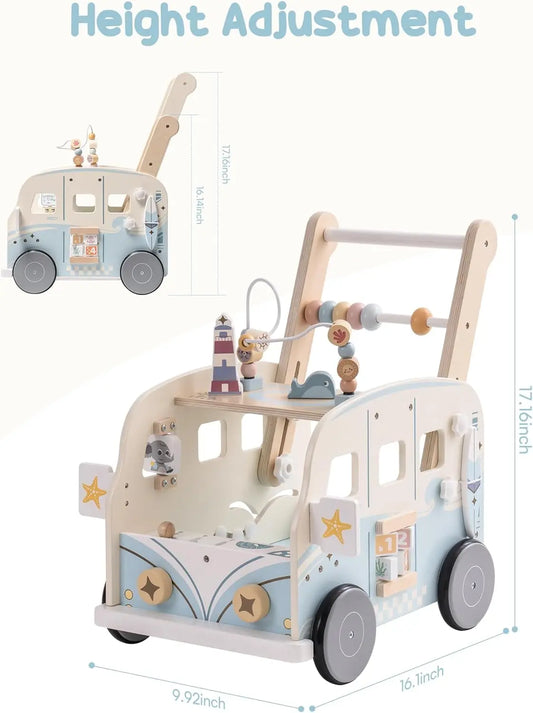 Wooden Baby Walker Bus Style With Ocean Pattern Rolife