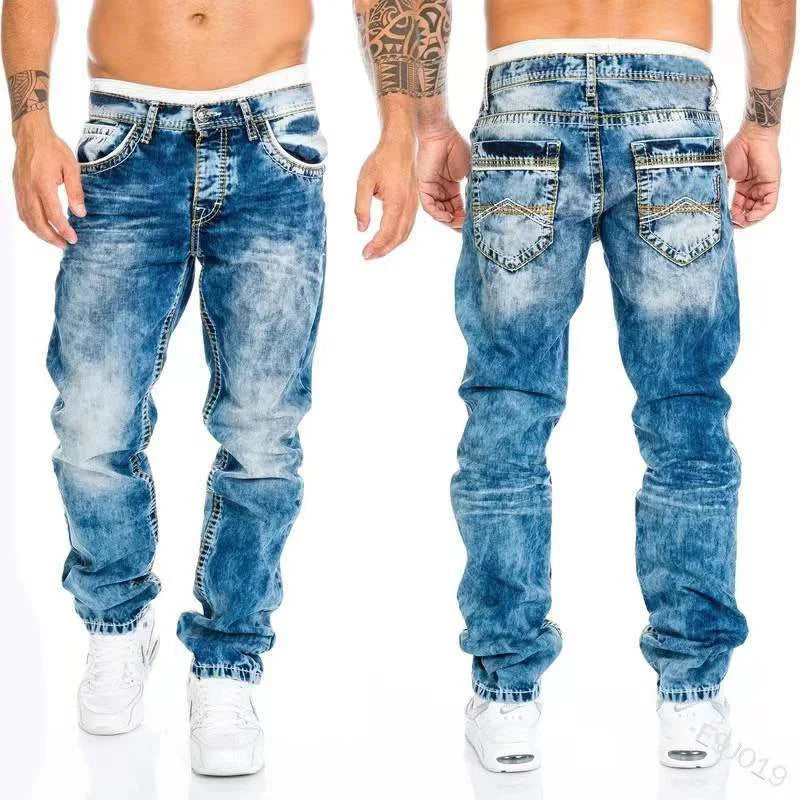 Men's Vintage Washed Straight Denim Jeans With Zipper Fly
