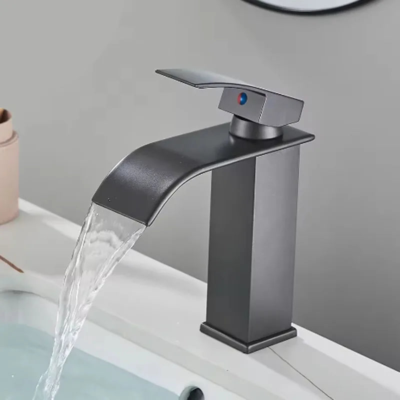 Stainless Steel Basin Faucet Waterfall Bathroom Deck Mount Single Lever