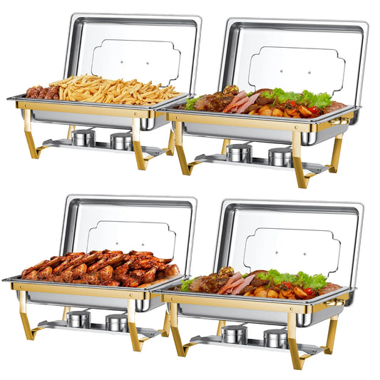 4-Pack Chafing Dishes Buffet Set 8QT-9QT Rectangular Semi-Gold-Plated Stainless Steel Warmer for Hotel Catering Parties Wedding