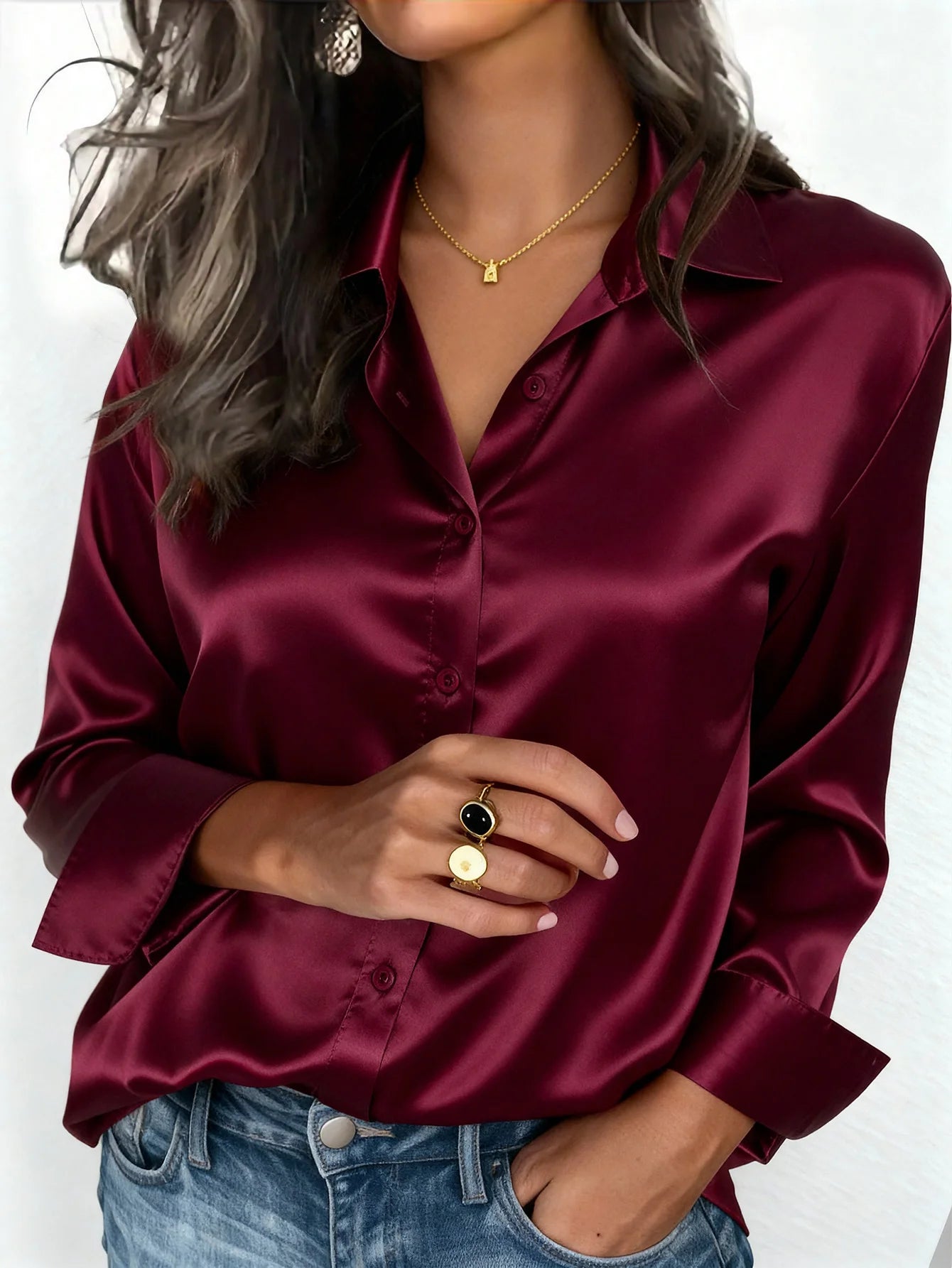 Satin Button Up Blouse Office Wear Elegant Collared Design