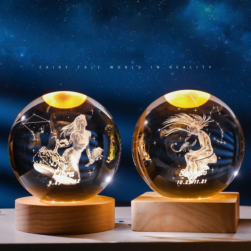 3D Constellation Crystal Ball Night Light with Wooden USB Base