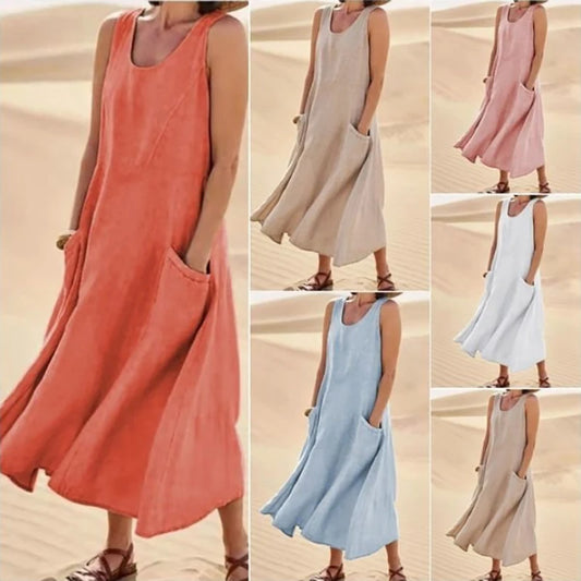 INSTYLISH Women Cotton Linen Sleeveless A Line Dress With Pockets