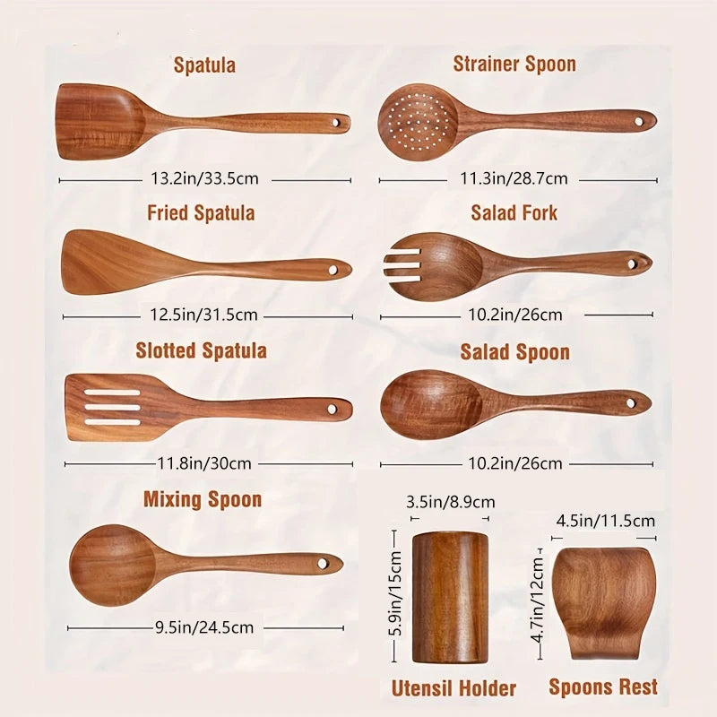 Kemorela 9 Piece Teak Wooden Kitchen Cooking Utensils Set