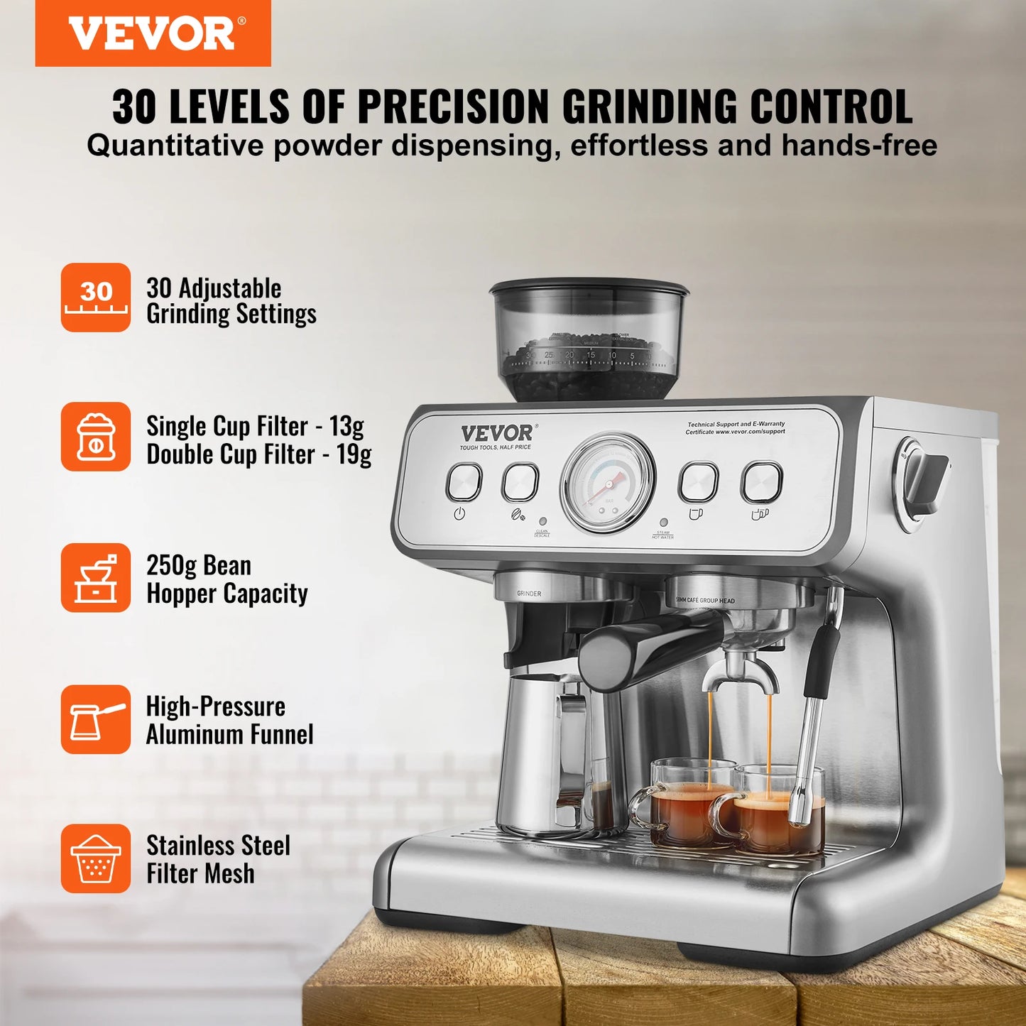 VEVOR Espresso Machine With Grinder 15 Bar Steam Frother