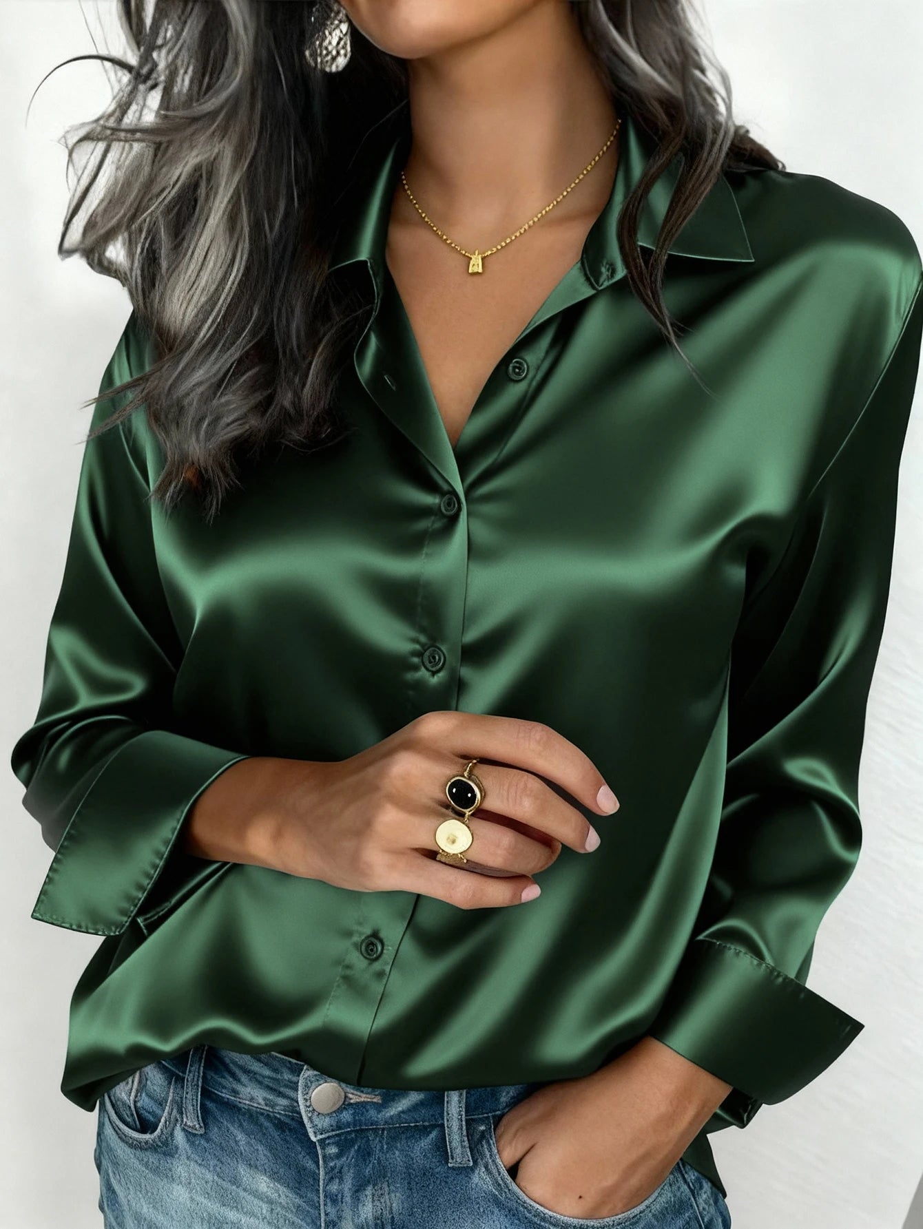 Satin Button Up Blouse Office Wear Elegant Collared Design