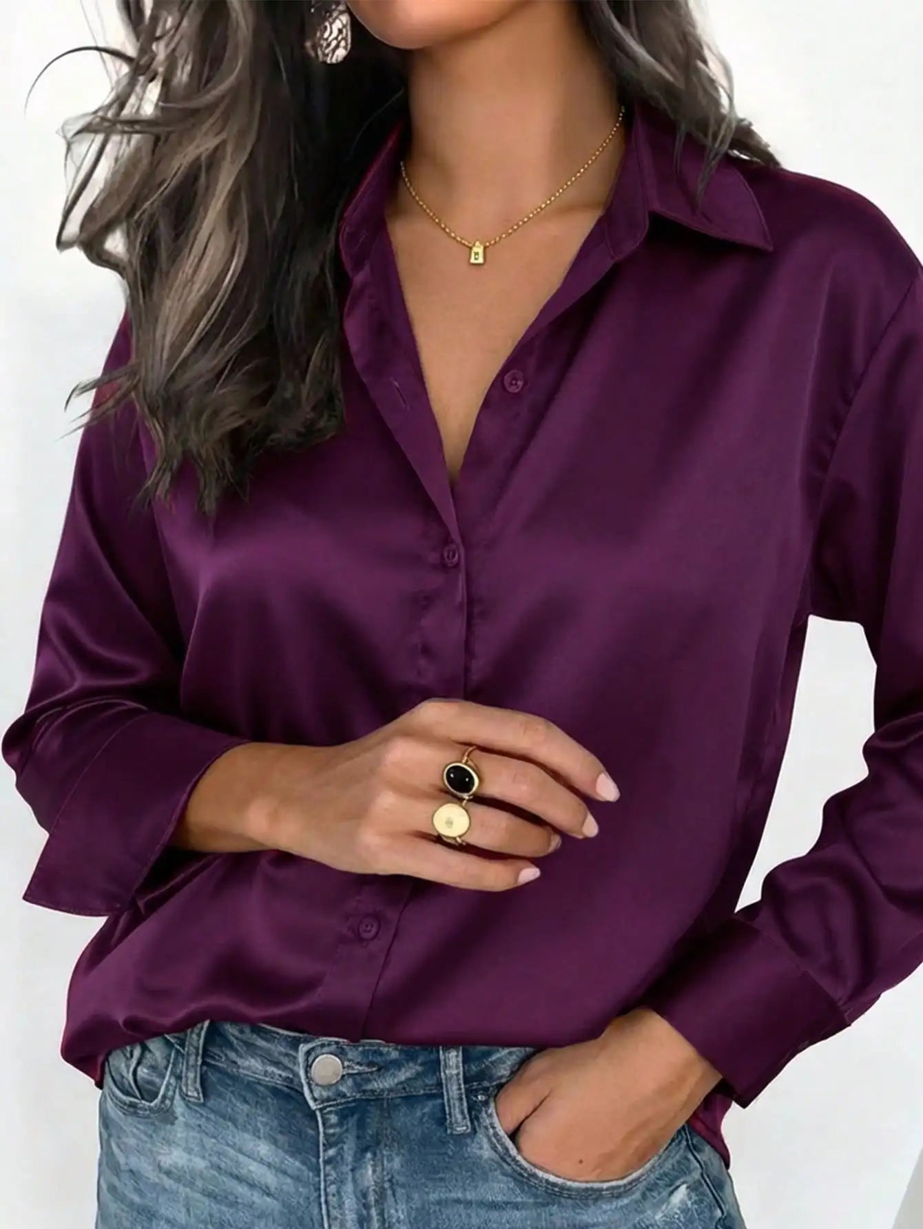 Satin Button Up Blouse Office Wear Elegant Collared Design