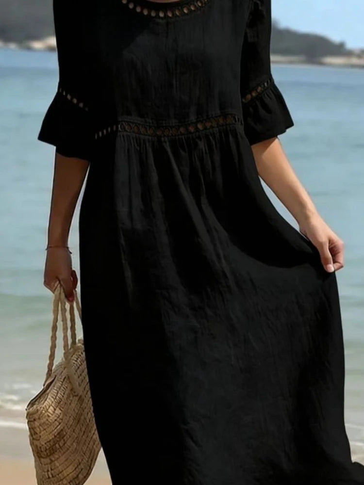 Mystflora Cotton Linen Hollow Out Round Neck Dress For Women