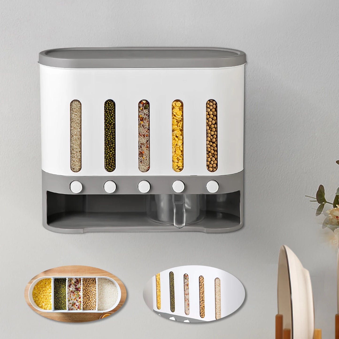 Five Compartment Wall Mount Rice Dispenser for Kitchen Storage