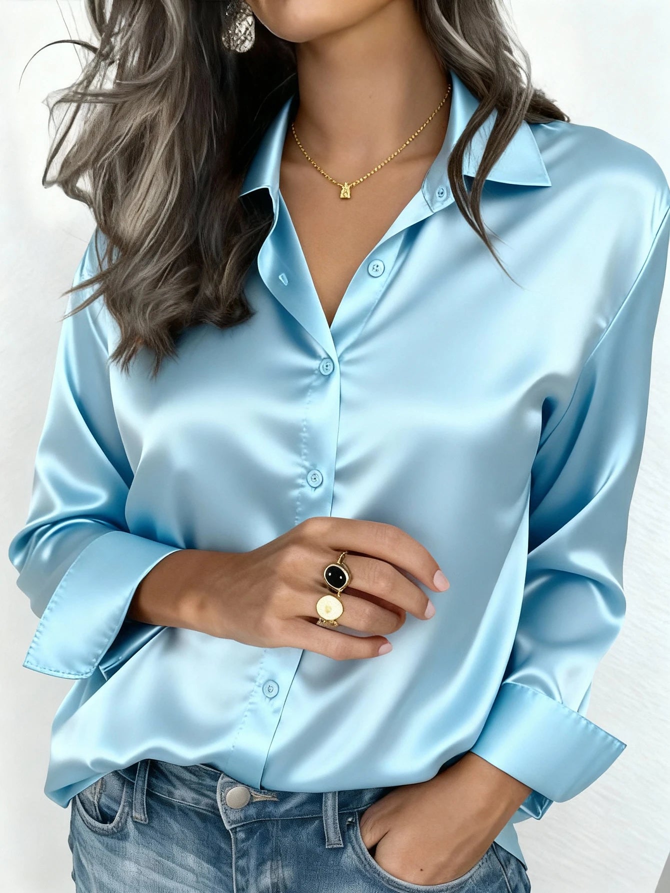 Satin Button Up Blouse Office Wear Elegant Collared Design