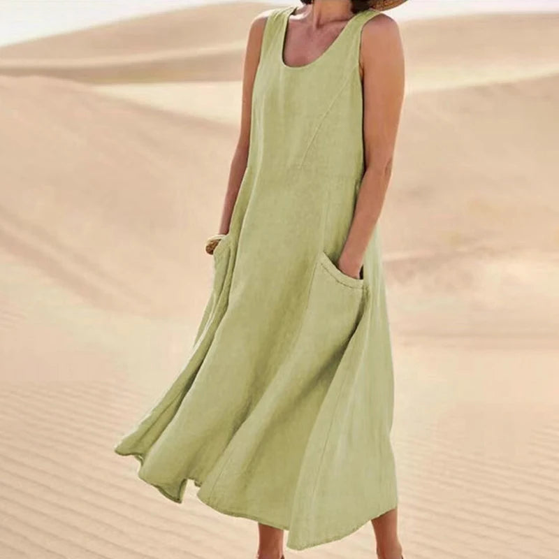 INSTYLISH Women Cotton Linen Sleeveless A Line Dress With Pockets