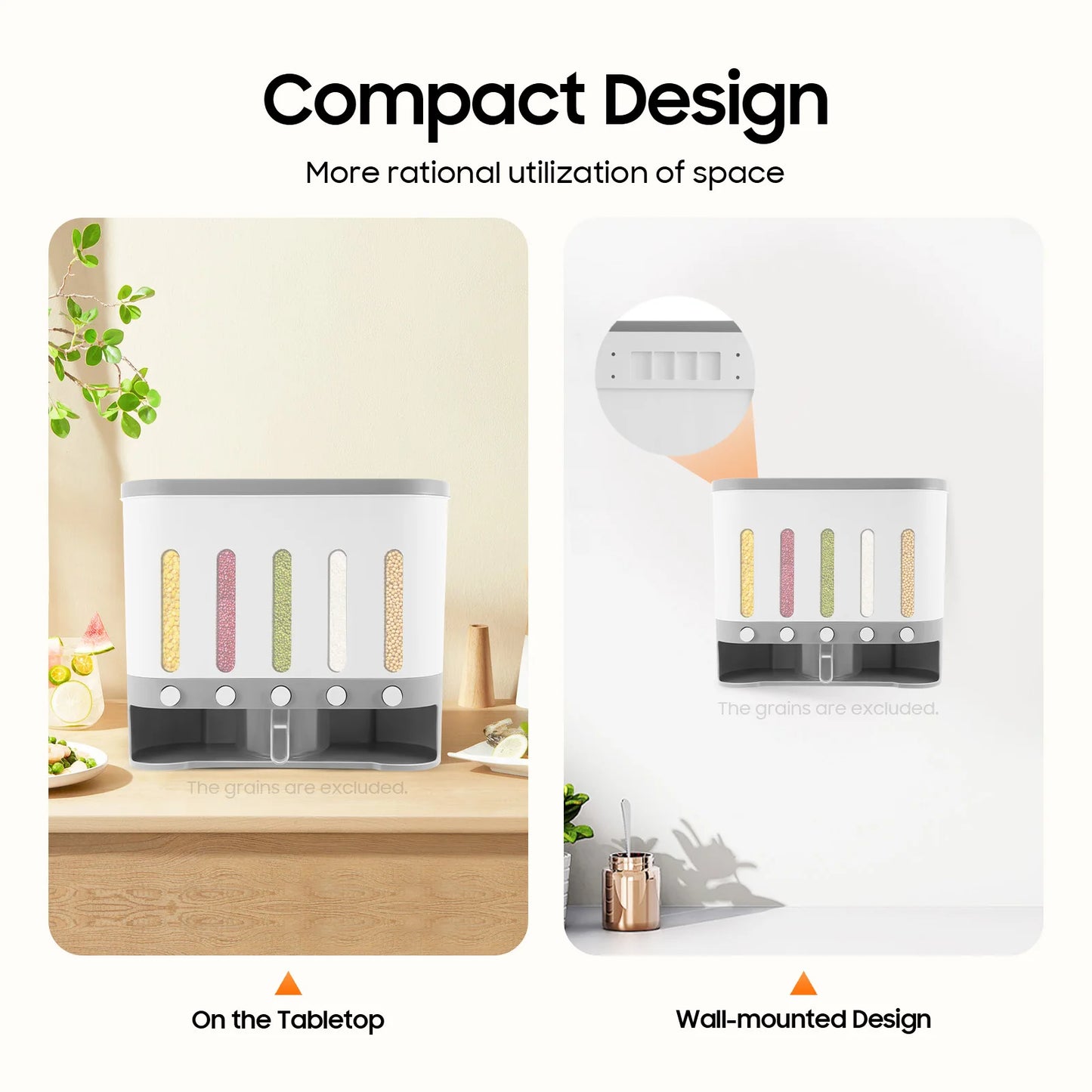 Five Compartment Wall Mount Rice Dispenser for Kitchen Storage
