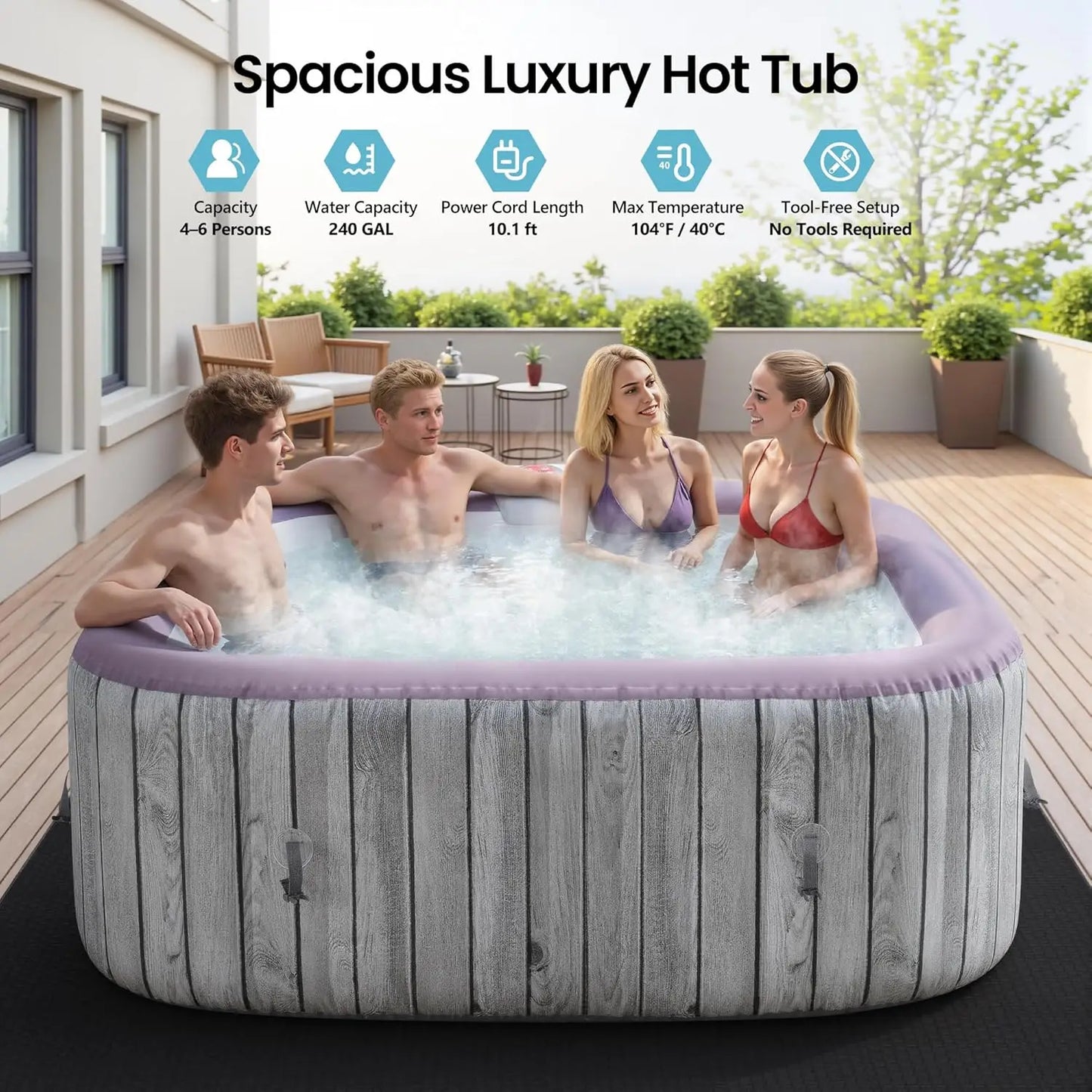 Inflatable Portable 4-6 Person Hot Tub Spa With 130 Air Jets And Heating