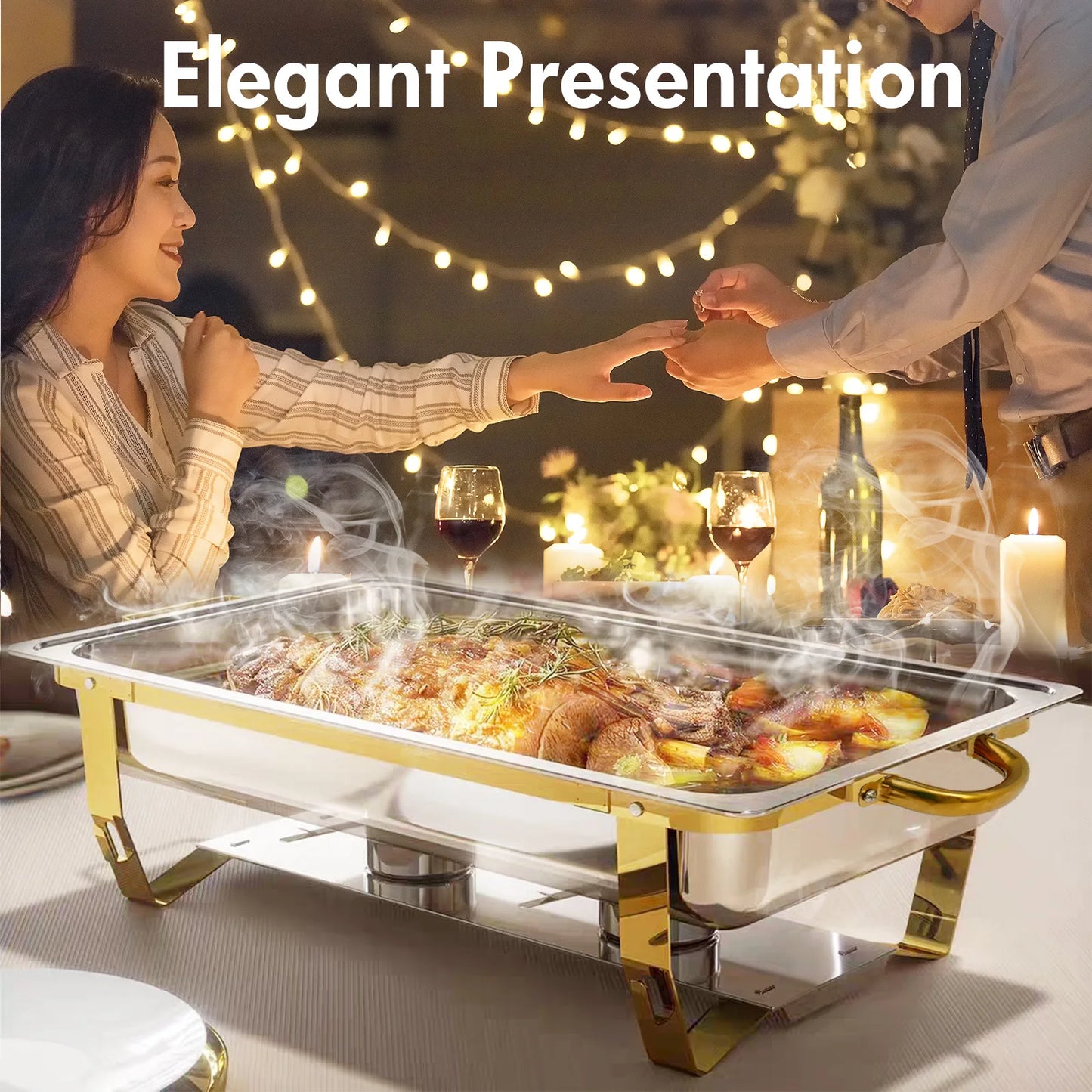 4-Pack Chafing Dishes Buffet Set 8QT-9QT Rectangular Semi-Gold-Plated Stainless Steel Warmer for Hotel Catering Parties Wedding