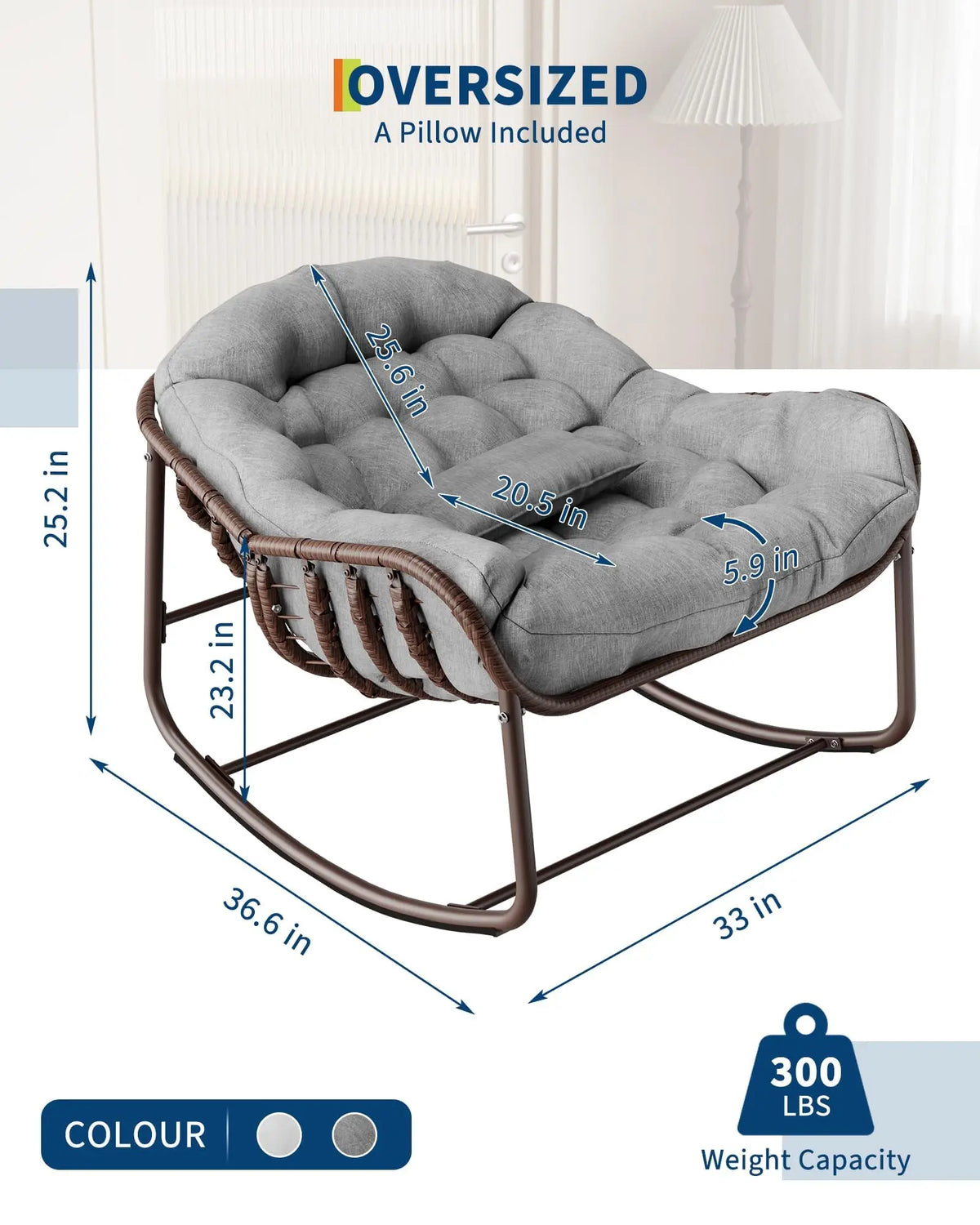 Grey Oversized Rattan Egg Rocking Chair With Steel Frame