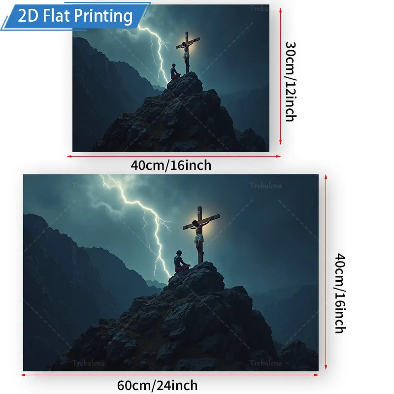 Stormy Mountain Cross Scene Tapestry Modern Spiritual Wall Art