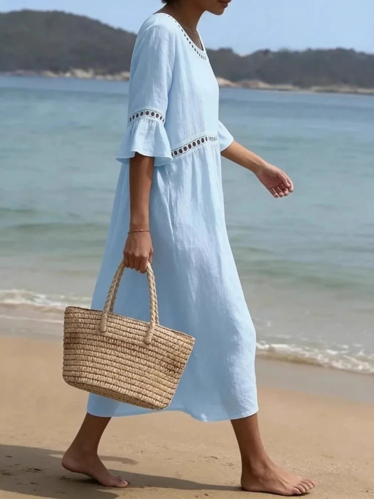 Mystflora Cotton Linen Hollow Out Round Neck Dress For Women