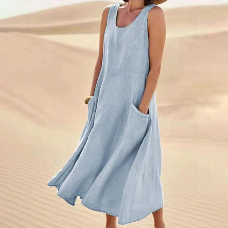 INSTYLISH Women Cotton Linen Sleeveless A Line Dress With Pockets