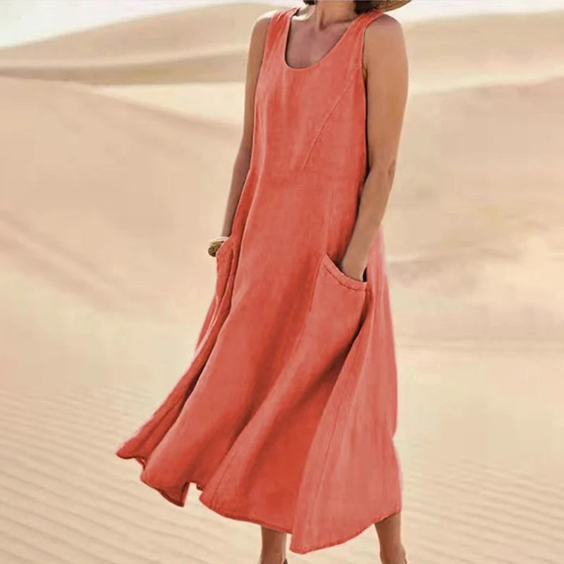 INSTYLISH Women Cotton Linen Sleeveless A Line Dress With Pockets