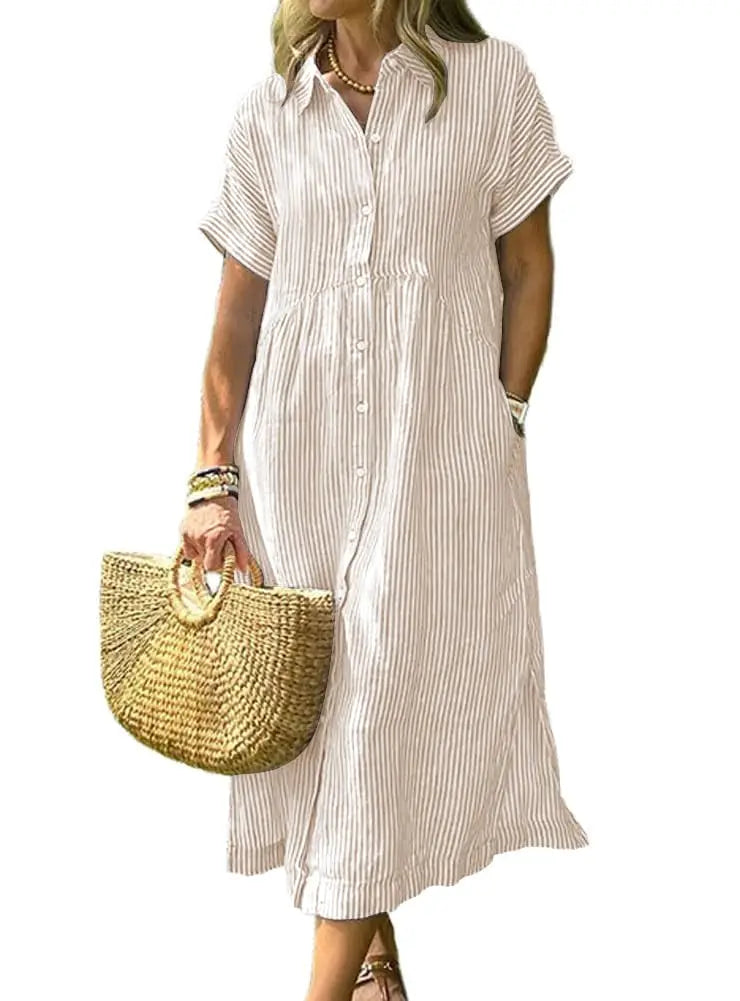 Womens Striped Midi Shirt Dress Loose Button Down Cotton Linen