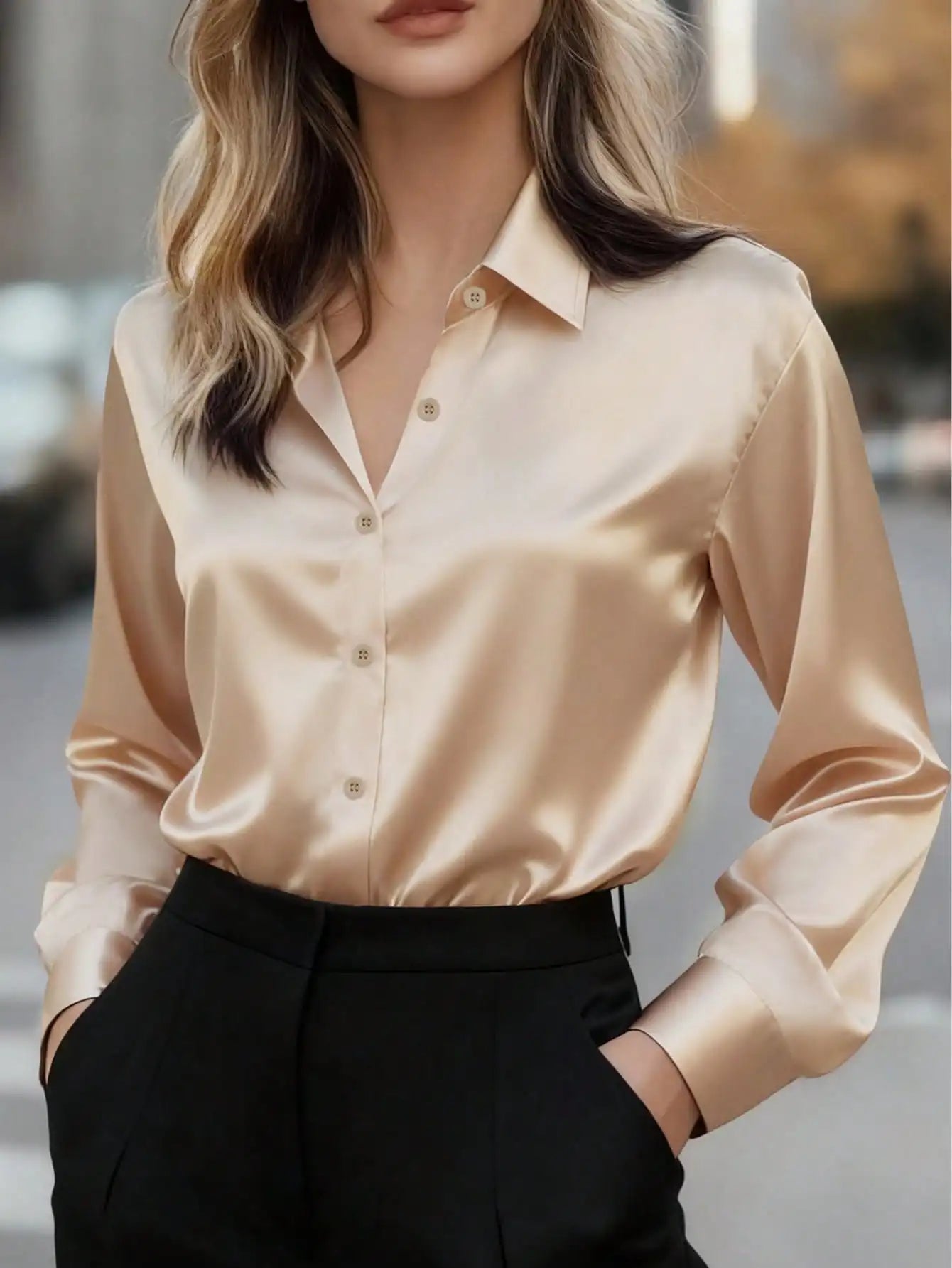 Satin Button Up Blouse Office Wear Elegant Collared Design
