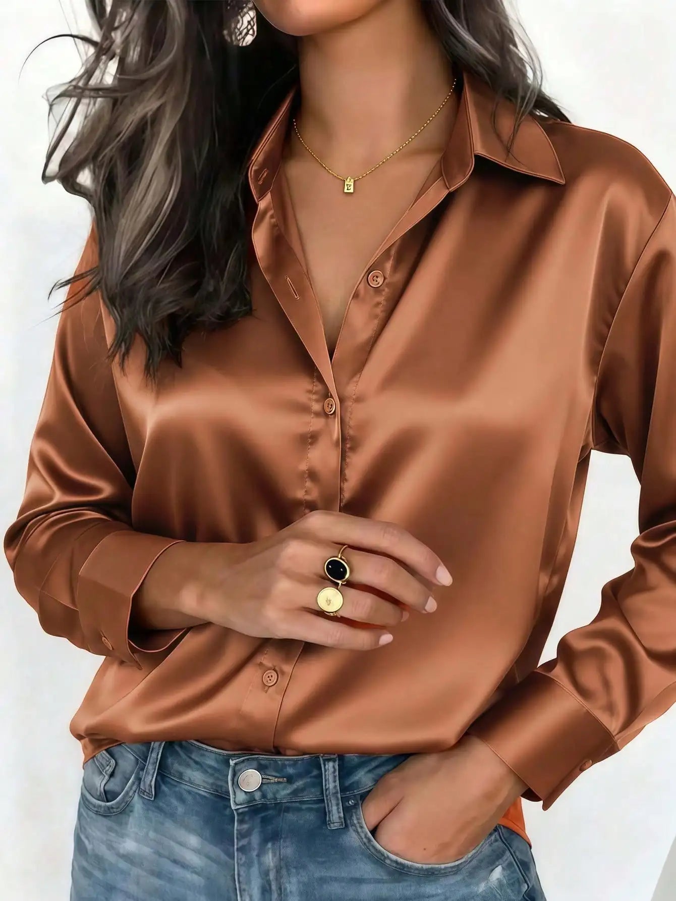 Satin Button Up Blouse Office Wear Elegant Collared Design
