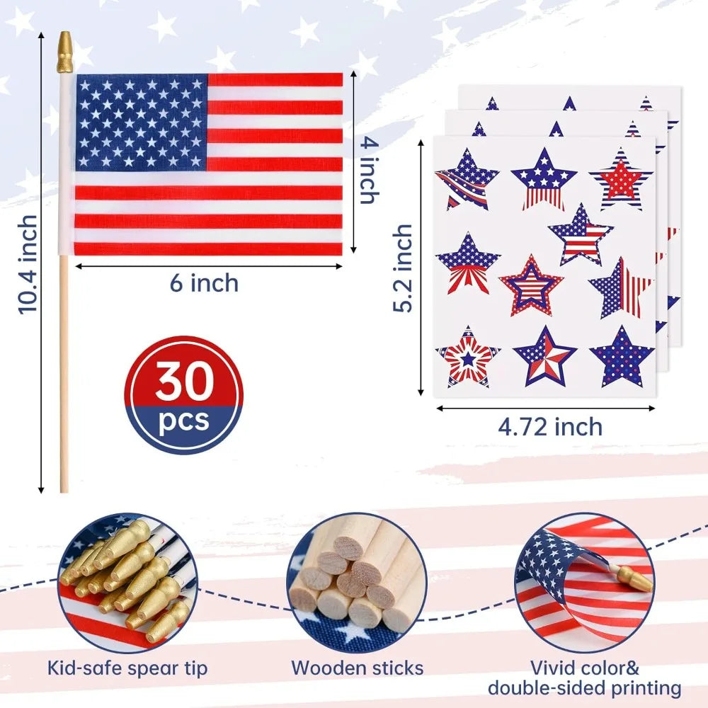 30 Pcs Small American Flags On Sticks For Independence Day Decor