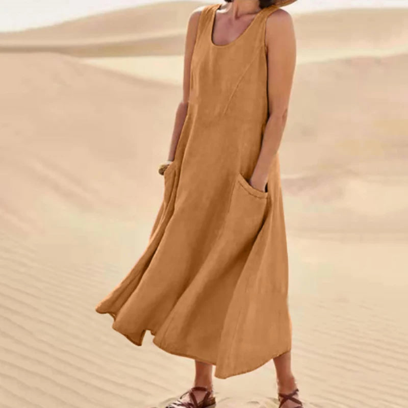 INSTYLISH Women Cotton Linen Sleeveless A Line Dress With Pockets