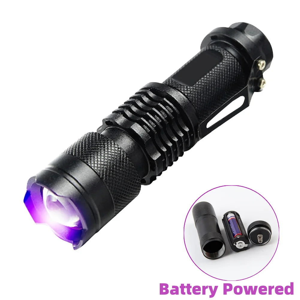 Compact UV Flashlight 365 395nm LED Zoomable Rechargeable
