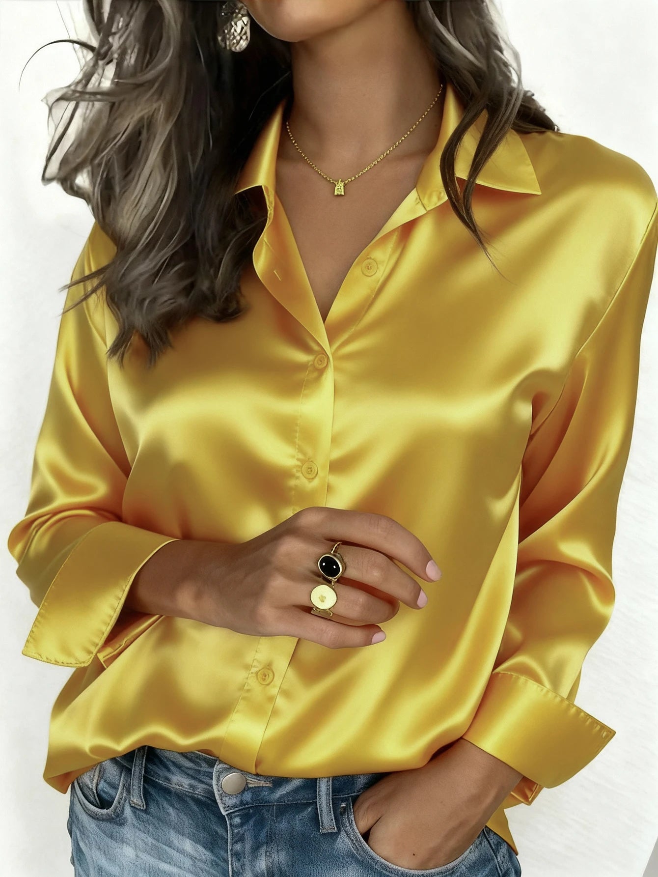 Satin Button Up Blouse Office Wear Elegant Collared Design