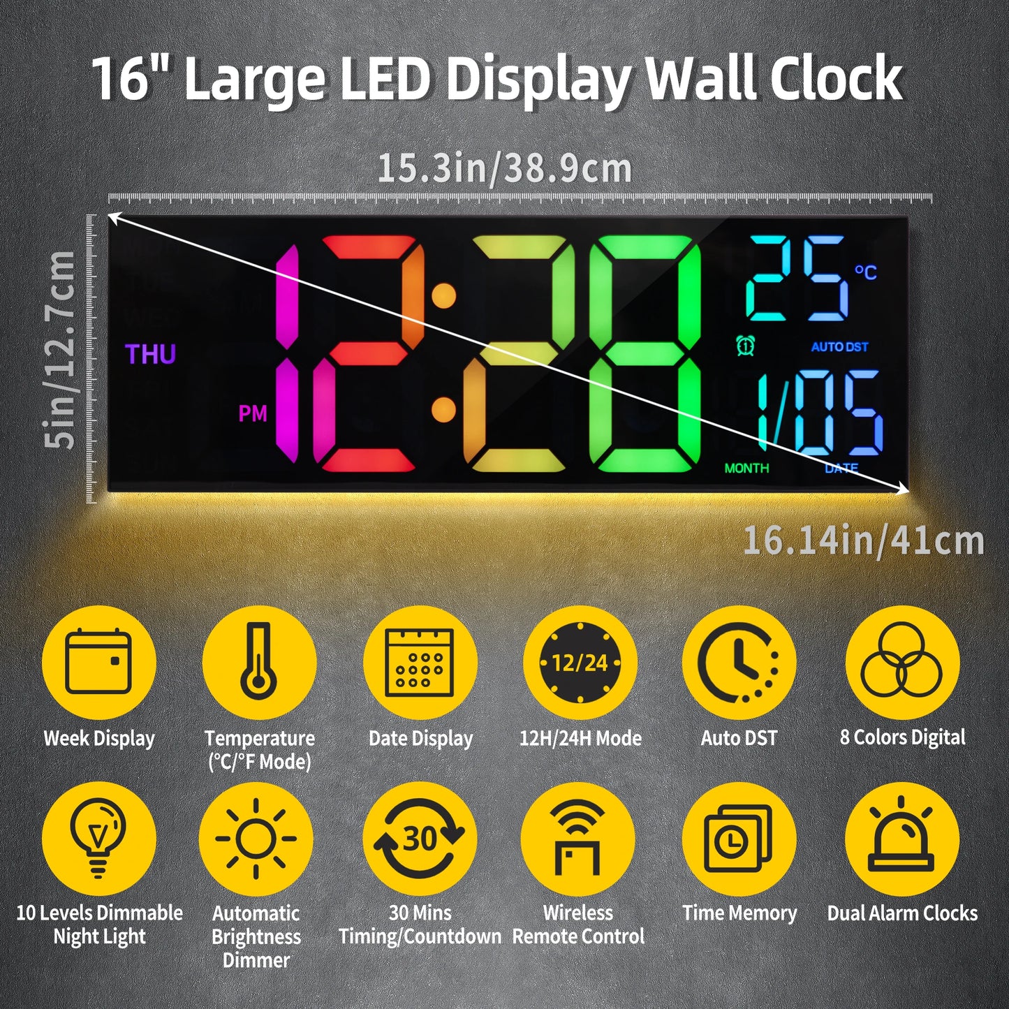 Large Digital Wall Clock 16 Inch With Remote LED Display