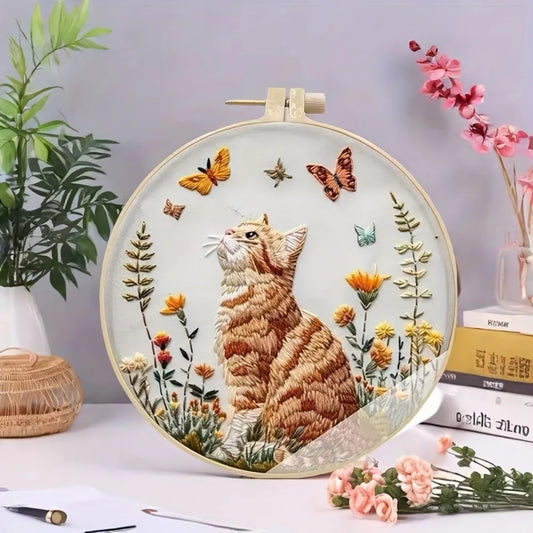 NONECN Cat and Flower Embroidery Kit for Beginners