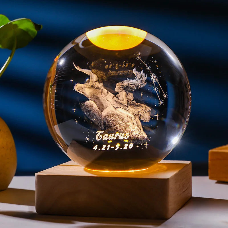3D Constellation Crystal Ball Night Light with Wooden USB Base