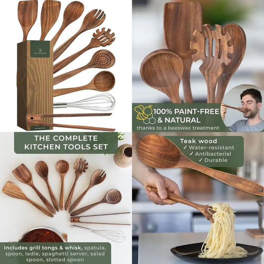 9-Piece Eco-Friendly Wooden Kitchen Utensil Set: Spatula, Tongs, Whisk, Spoons, Pasta Server - Non-Toxic Cooking Tools