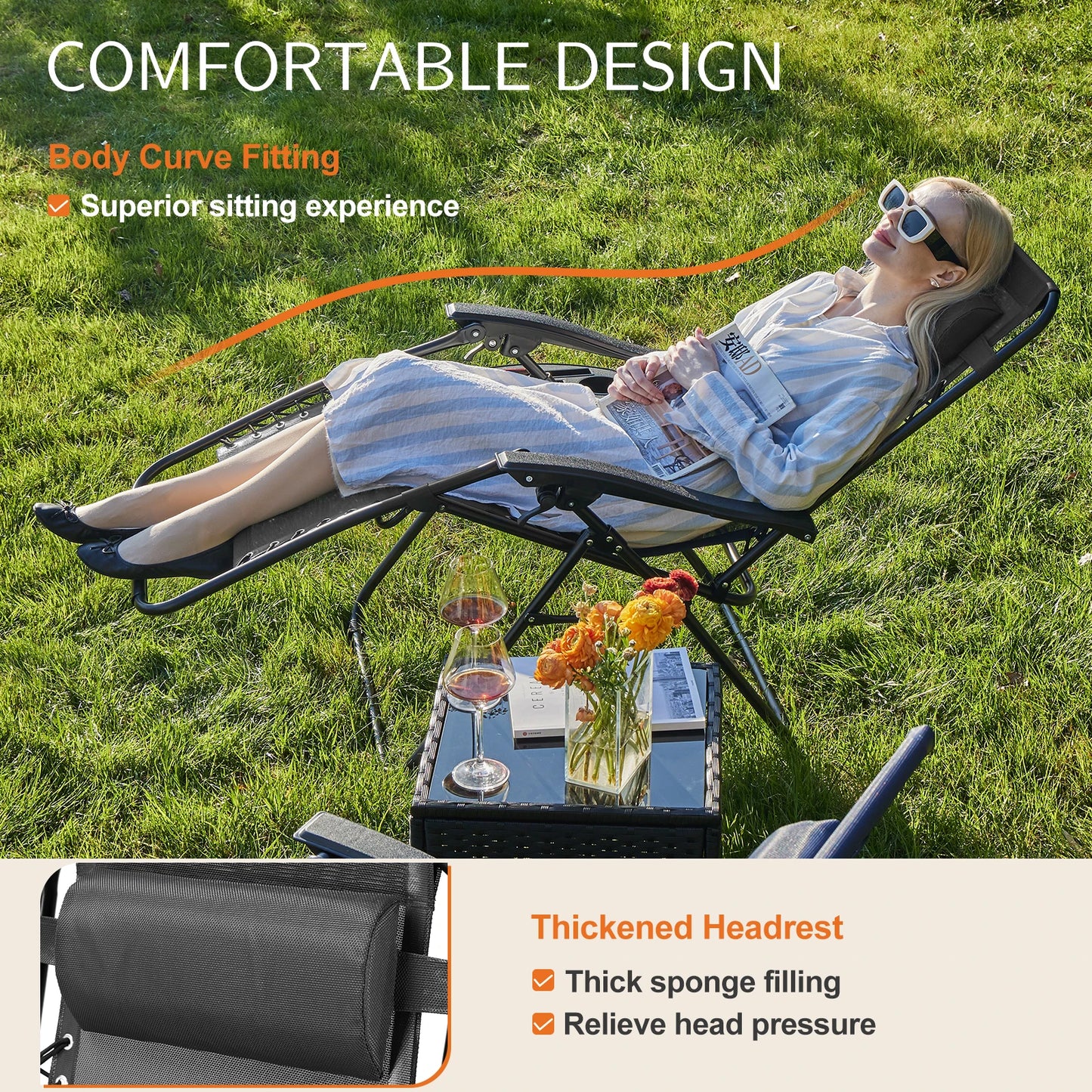 JHK Zero Gravity Portable Recliner Set Of 2 With Cup Holder Trays